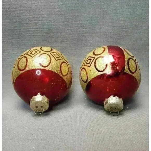 Vintage Rauch Red & Gold Glitter Mercury Glass 2.5" Ball Christmas Ornaments (2) - Picture 4 of 5